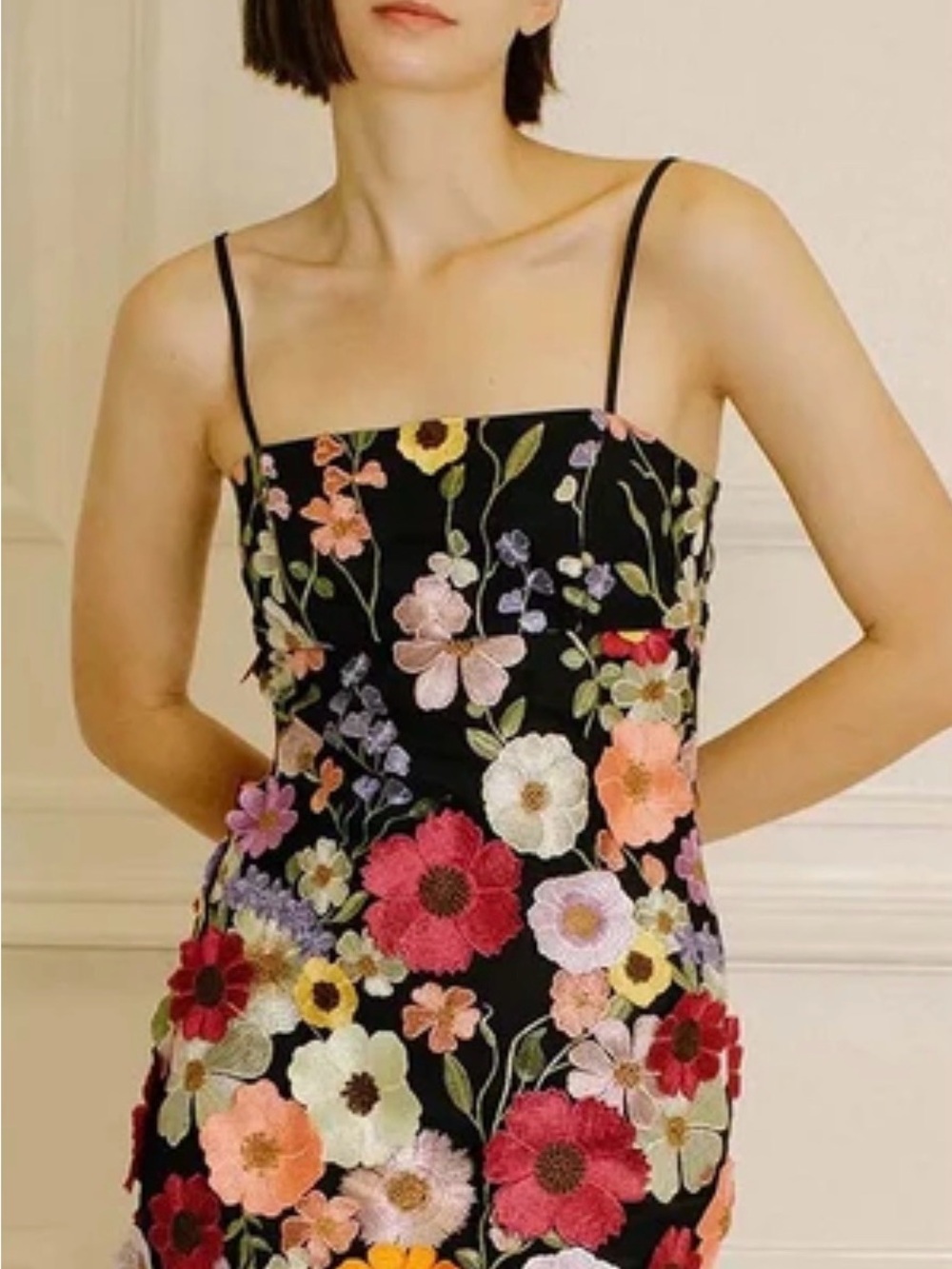 Floral Embroidered Strappy Black Dress